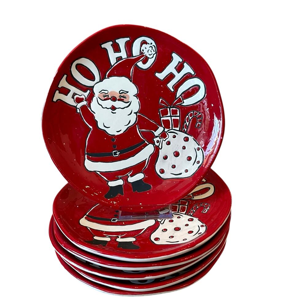 Spectrum Designz Christmas SANTA Plates 8.5in Ceramic Set of 5 HO HO HO New